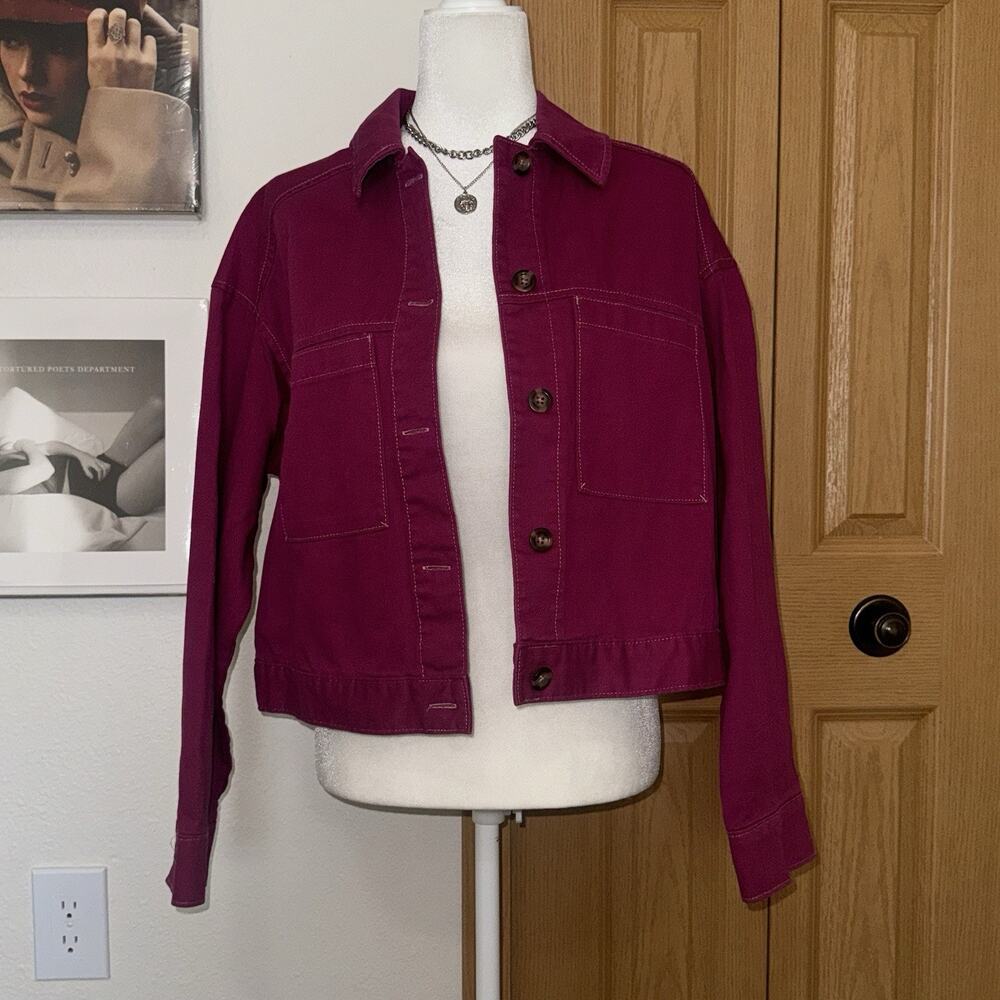 Old Navy Crop Utility Jacket Women's Large Berry Patch Pockets Button Frontโ NWT